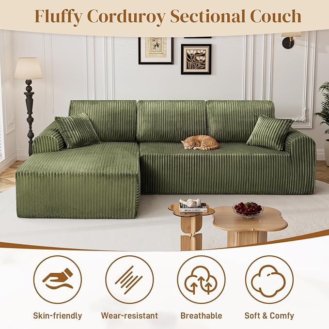 110" L Shaped Boneless Sectional Couches for Living Room, Comfy Corduroy Floor Cloud Sofa with Chaise, Wide Armrest, Deep Seat, Memory Foam, Assembly Free, Ideal for Small Spaces, Green