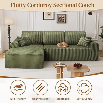 110" L Shaped Boneless Sectional Couches for Living Room, Comfy Corduroy Floor Cloud Sofa with Chaise, Wide Armrest, Deep Seat, Memory Foam, Assembly Free, Ideal for Small Spaces, Green