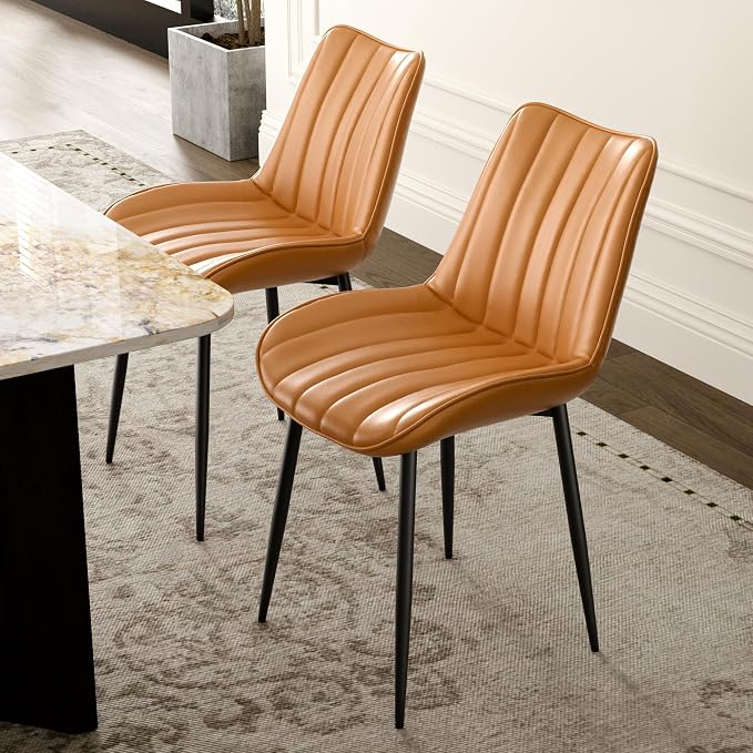 VECELO Dining Chairs Set of 4, Vegan Leather Fabric & Metal Frame, Mordern Style for Kitchen, Living Room,Offcie，Brown