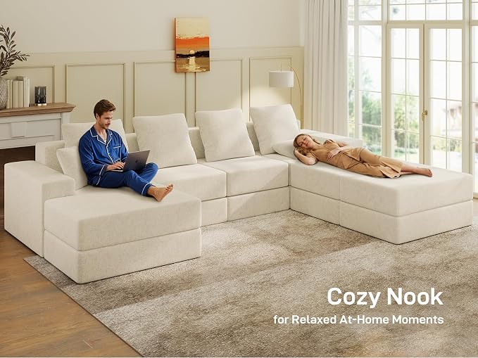 Living&Giving 128" U-Shaped Cloud Sectional Couch for Living Room, Cloud Boneless Couch-No Assembly with Reversible Chaise, Customizable 4-Seat Modular Sectional Sofa with 3 Ottoman, Beige