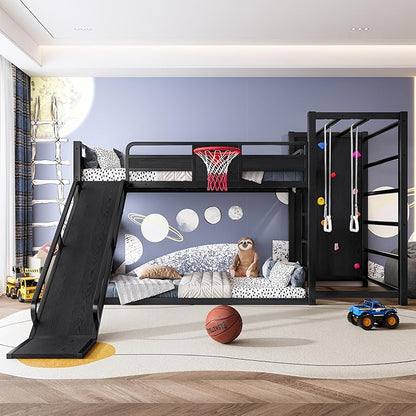 Bellemave Twin Size Bunk Bed with Basketball Hoop, Pull-up Rings and Climbing Wall, Twin Bunk Bed with Slide and Bookcase, Heavy Duty Bunk Beds with Guardrail, Black