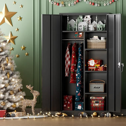 INTERGREAT Metal Wardrobe Closet, 72" Black Locking Storage Wardrobe Cabinet with Locking Doors and Adjustable Shelves, 18" D x 36" W Tall Steel Clothes Storage for Office, Home, School, Gym