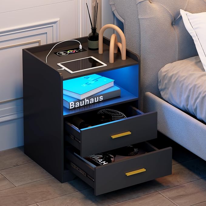 dnbss Black LED Nightstand with Charging Station, Modern Night Stands with 24-Color RGB LED Lights, Smart Lighted Black Bedside Table with 2 Drawers for Bedroom