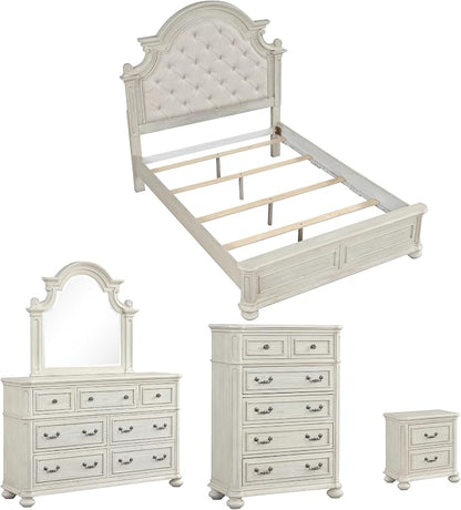 Roundhill Furniture Nelson French Traditional 5-Piece Bedroom Set, Antique White, Queen