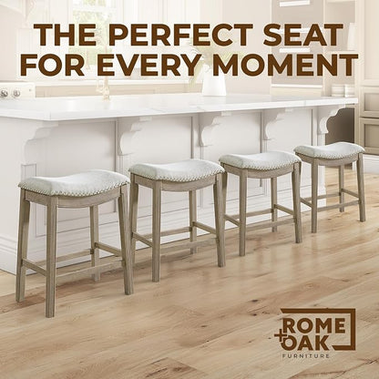 ROME + OAK Set of 4 Parker 26" Counter Stool, Backless Saddle Kitchen Barstool in Reclaimed Oak Finish with Ash Grey Fabric Upholstery Cushion Seat
