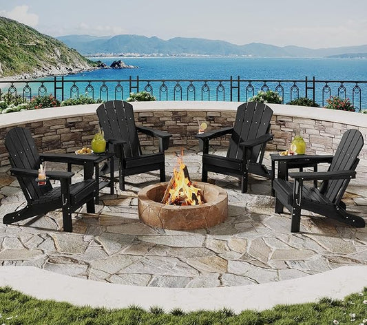 Garvee Folding Adirondack Chair Set of 4 with 2 Side Table, HDPE Outdoor Patio Chair with Cup Holder, All Weather Resistent Wooden Textured for patios, Decks, Gardens, fire Pit, Black