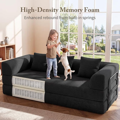 Living&Giving 89" Cloud Boneless Convertible Sofa Bed, 5-in-1 Foldable Compressed High-Density Sponge Sofa, Corduroy Fabric 3 Seater Sleeper Couch Futon Daybed for Living Room Bedroom (Black)