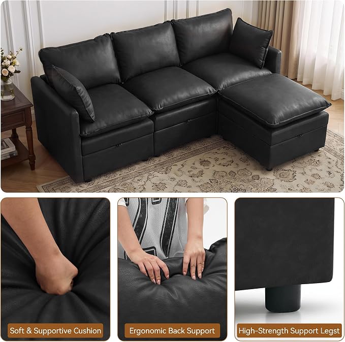 80" Black Faux Leather Storage 3 Seater Sofa with Ottoman, Comfy Couch | Convertible Modular Sectional Sofa, L Shaped Oversized Couch, Upholstered Large Cloud Couch For Living Room, Apartment.