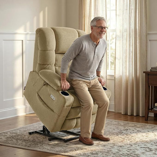 MCombo Triple Motor Lay Flat Power Lift Recliner Chair for Tall Elderly, Infinite Position, Massage, Dual Heating, Adjustable Headrest, Fabric 7634 (Beige, Large)