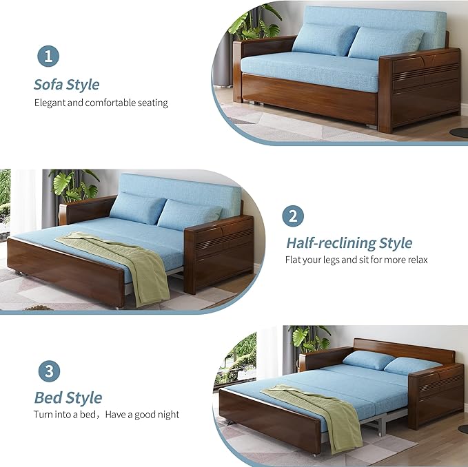3 in 1 Pull-Out Convertible Sofa Bed, 59" Blue Plush Cushion Sleeper Couch, Reversible Chaise, Walnut Solid Wood Frame for Home, Office, Apartment
