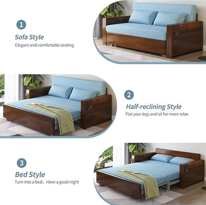 3 in 1 Pull-Out Convertible Sofa Bed, 59" Blue Plush Cushion Sleeper Couch, Reversible Chaise, Walnut Solid Wood Frame for Home, Office, Apartment