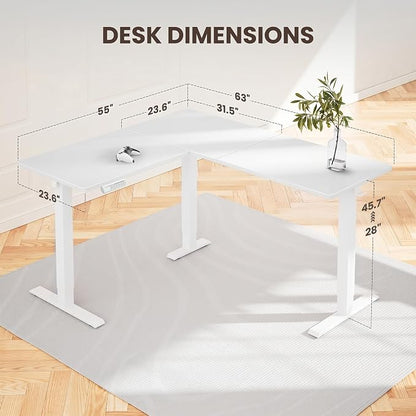 ErGear L Shaped Standing Desk, 63"x55" Electric Adjustable Height Sit Stand up Desk, Ergonomic Large Computer Table, Left & Right Interchangeable Installation, Suitable for Home Office, White
