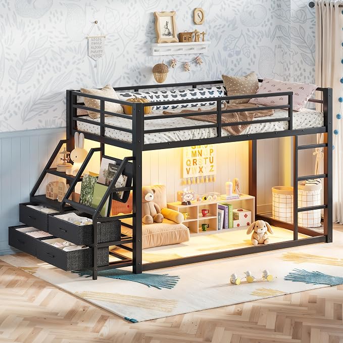 Bellemave Twin Over Twin Bunk Bed with Storage Shelves & 4 Drawers,Heavy Duty Metal Bunk Bed for Teens with LED Lights, Low Bunk Beds for Kids with Guardrails & Ladder, No Box Spring Needed, Black