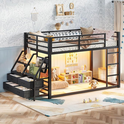 Bellemave Twin Over Twin Bunk Bed with Storage Shelves & 4 Drawers,Heavy Duty Metal Bunk Bed for Teens with LED Lights, Low Bunk Beds for Kids with Guardrails & Ladder, No Box Spring Needed, Black
