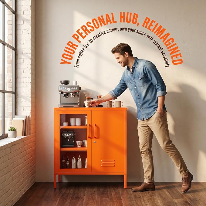 Storage Cabinet with Adjustable Shelves for Bathroom Living Room Foyer Kitchen Left Glass Door and Right Iron Door Orange Size：33" H x 29.5" W x 13.8" D