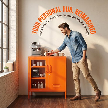 Storage Cabinet with Adjustable Shelves for Bathroom Living Room Foyer Kitchen Left Glass Door and Right Iron Door Orange Size：33" H x 29.5" W x 13.8" D