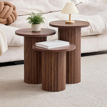 Round Side Tables Set of 3, Circle Modern Fluted Nesting Coffee Table, Accent End Table Set for Living Room and Bedroom, Brown