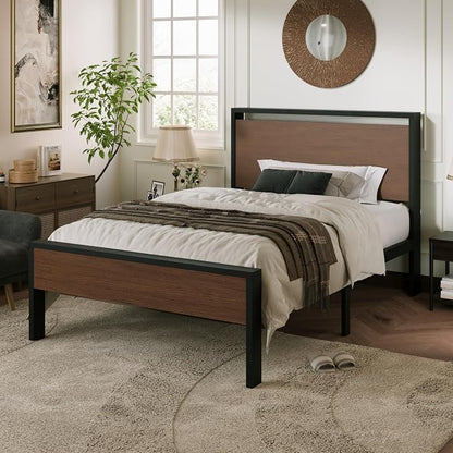 Allewie Twin Size Platform Bed Frame with Wooden Headboard and Footboard, Heavy Duty Metal Slats Support, No Box Spring Needed, Under-Bed Storage, Noise Free, Easy Assembly, Walnut