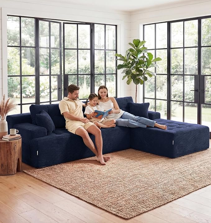 Hobestluk Modular Sectional Sofa Couches L-Shape Couch 3 Seat Modular Sofa Memory Foam Sectional Couches for Living Room, Cloud Couch (Dark Blue Corduroy, 108", Right Hand Facing)
