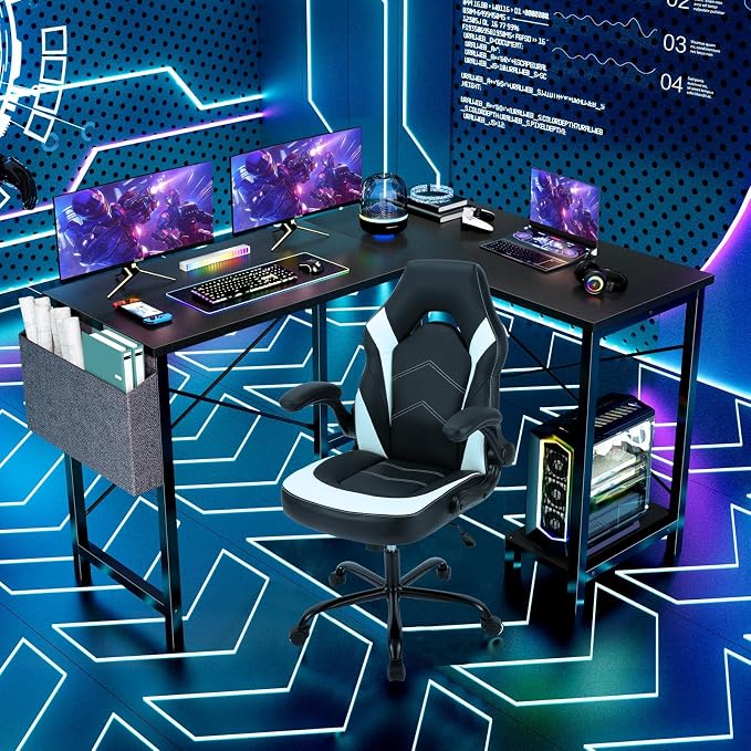 Sweetcrispy L Shaped Desk - Computer Gaming Desk Corner Desk | PC Table Organizer with CPU Stand Side Bag for Home Office Dorm Sturdy, Writing Workstation, Black, 50-Inch