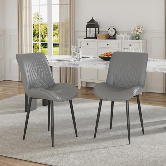 VECELO Dining Chairs Set of 2, Modern Upholstered Faux Leather Cushion Seat and Metal Legs for Kitchen, Living Room, Grey
