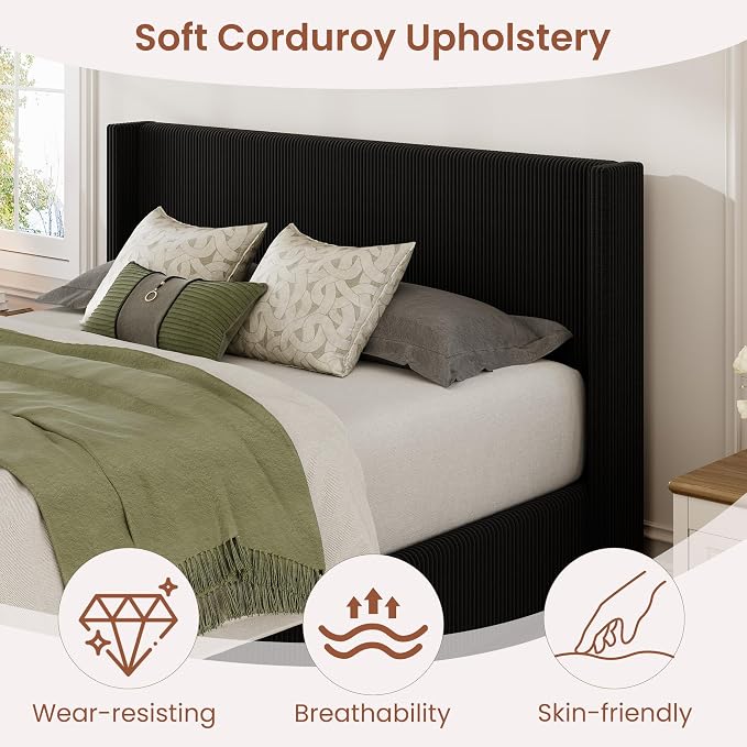 Garvee Full Lift Up Storage Bed Frame, Corduroy Upholstered Platform Bed with Gas Lift, Padded Headboard, Wooden Slat Support, No Box Spring Needed, Easy Assembly, Black