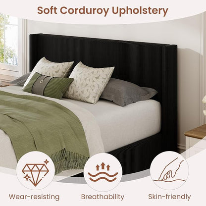 Garvee Full Lift Up Storage Bed Frame, Corduroy Upholstered Platform Bed with Gas Lift, Padded Headboard, Wooden Slat Support, No Box Spring Needed, Easy Assembly, Black