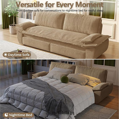 73.2" Sofa Bed Queen Size, Pull Out Couch Bed, 3-in-1 Convertible Sleeper Sofa with Cushion Armrest, Modern Corduroy Futon Couch for Living Room, Small Space, Apartment, Bedroom, Camel