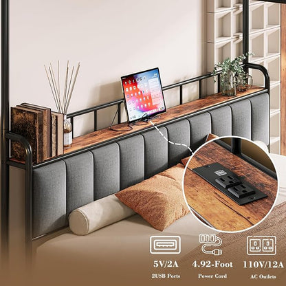 LIKIMIO Canopy Bed Frame King, Storage Headboard with Charging Station, Platform Bed with 4 Removable Sturdy Posts, Noise Free, No Box Spring Needed, Vintage Brown