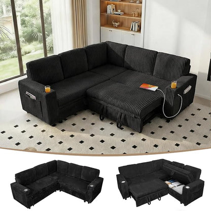 Sectional Sleeper Sofa with Pull Out Bed, 5-Seat L-Shaped, Black | Plush Corduroy Modular Couch with Hidden Storage, USB Charging & Cup Holders, Cozy Small Sectional Couches for Living Room.