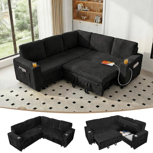 Sectional Sleeper Sofa with Pull Out Bed, 5-Seat L-Shaped, Black | Plush Corduroy Modular Couch with Hidden Storage, USB Charging & Cup Holders, Cozy Small Sectional Couches for Living Room.