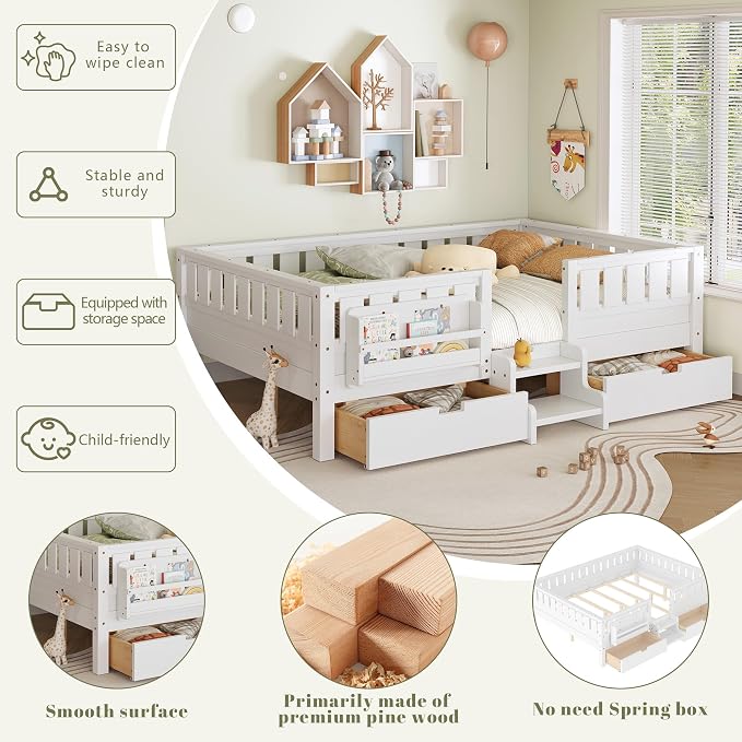 Bellemave Queen Size Kids Montessori Bed with Stairs and Bookshelf,Solid Wood Queen Size Kids Bed Frame with Drawers and Storage for Girls Boys,Low-Profile,White