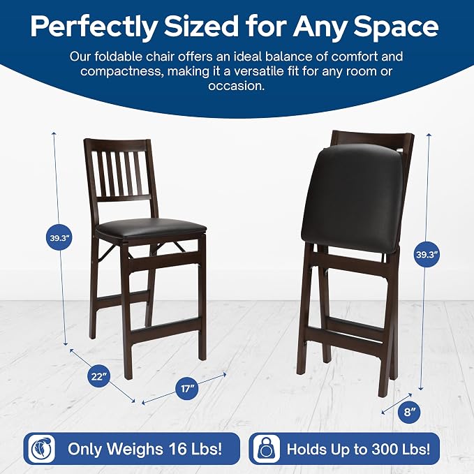 Stakmore Solid Wood Dining Table Counter Stools Set - Bonded Leather Padded Upholstered Seat & Steel Folding Mechanism, Espresso