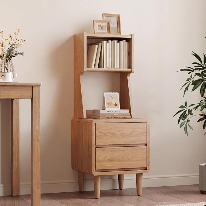 Solid Wood Bookshelf with Drawers,Narrow bookcase with Storage Shelves,Tall Nightstand with Drawers,Mid Century Modern Nightstand,Open Shelf Bookcase,Small Book Shelf for Bedroom,Living Room,Offices