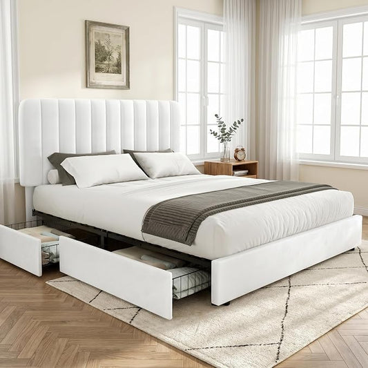VECELO Full Size Upholstered Bed Frame with 4 Drawers and Headboard, Velvet Platform Storage Bedframe, Wooden Slats Support, No Box Spring Needed,Snow-White