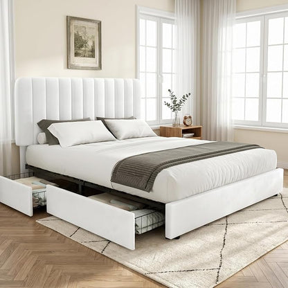VECELO Queen Size Upholstered Bed Frame with 4 Drawers and Headboard, Velvet Platform Storage Bedframe, Wooden Slats Support, No Box Spring Needed,White