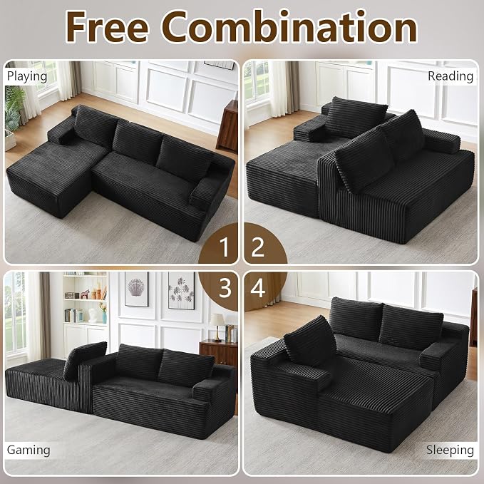 96" Modular Sectional Sofa Couches L-Shape Couch 3 Seat Modular Sofa Corduroy Memory Foam Sectional Boneless Couches for Living Room, Cloud Couch with Oversized Chaise(Black, Left Facing)