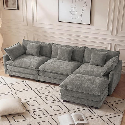 Modular Sectional Sofa for Living Room, 102" Oversized Cloud Couch with Movable Ottoman, 4 Seat Modern Comfy Sofa Chenille Deep Seat Couches with L Shape, for Office Bedroom Living Room