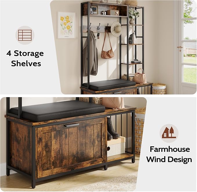 Hall Tree Coat Rack, Hall Tree With Bench and Shoe Storage Shoe With, Mud Room Storage Furniture，39.37 X 15.74 X 69.69 Inches, Brown