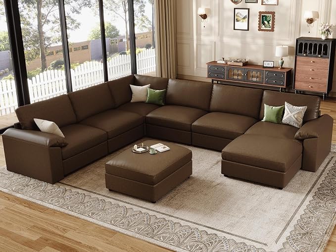EASE MOOSE Faux Leather Sectional Couch with Ottoman, Oversized Modular Sofa, Vintage Comfy Modular Couch, Scratch Resistant Material Sofas, U Shaped Couch for Living Room, Deep Brown