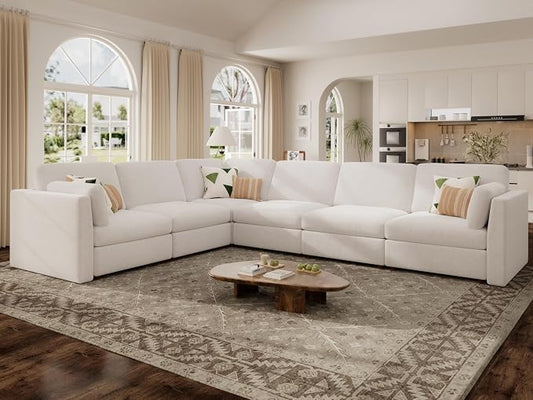 Oversized Modular Sectional Sofa V-Shaped Cloud Couches White | Extra Large Deep Seat Couch for Living Room, 6-Seater Luxury Corner Sofa, Solid Wood Frame, Removable Washable Cover