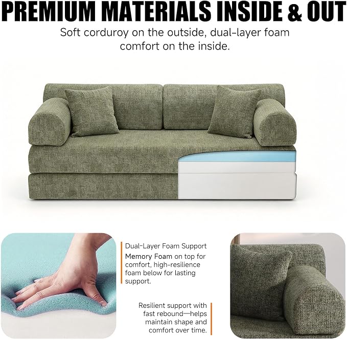 78.84" Boneless Couch with Memory Foam, Corduroy Convertible Loveseat for Apartment Living Room, Floor Sofa Bed,1200 lb, Vacuum Packed Couch in a Box, Moss Green
