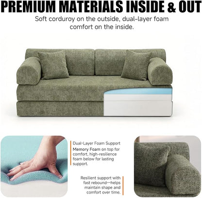 78.84" Boneless Couch with Memory Foam, Corduroy Convertible Loveseat for Apartment Living Room, Floor Sofa Bed,1200 lb, Vacuum Packed Couch in a Box, Moss Green