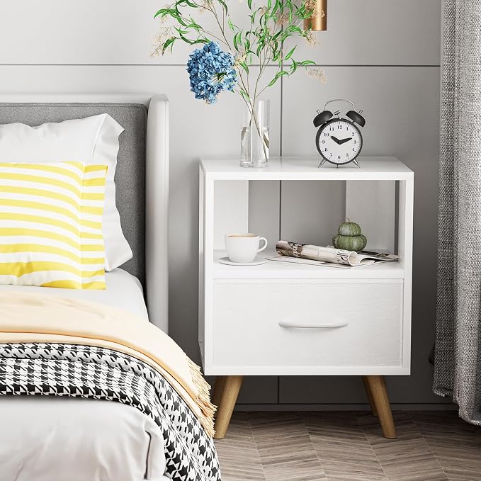 Aenuert Night Stand, White Kids Nightstand with Drawer, Nursery Side Table with Open Storage, 2-Tier Modern End Table, Bedside Table for Small Space, Living Room, Bedroom
