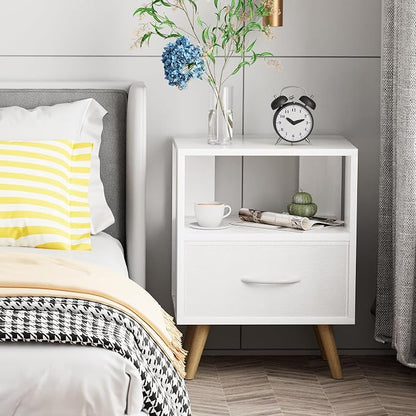 Aenuert Night Stand, White Kids Nightstand with Drawer, Nursery Side Table with Open Storage, 2-Tier Modern End Table, Bedside Table for Small Space, Living Room, Bedroom