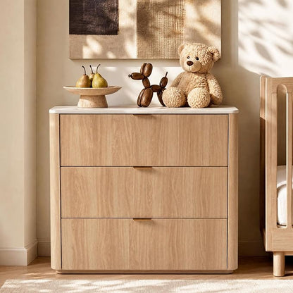 ModernMate 3 Drawer Dresser with Curved Profile & Faux Travertine Texture, 31.5" Large Nightstand Anti-Tip Chest of Drawers for Bedroom, Living Room, Natural Oak