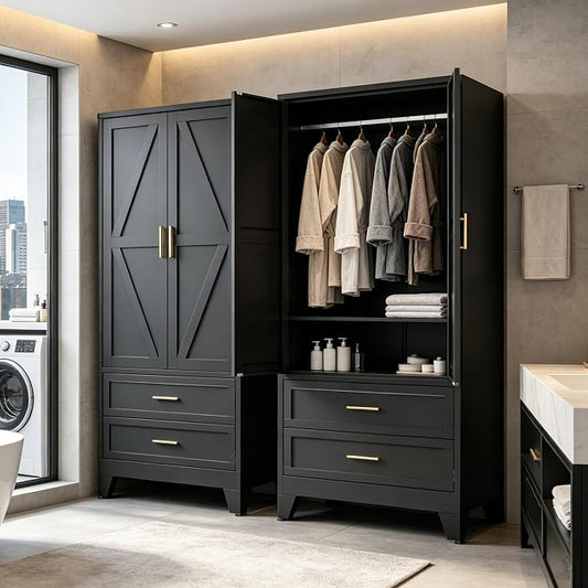 71" H Black Armoire Wardrobe Closet with Drawers,Metal Wardrobe Closet with Doors and Shelves,Tall Wardrobe Closet for Bedroom