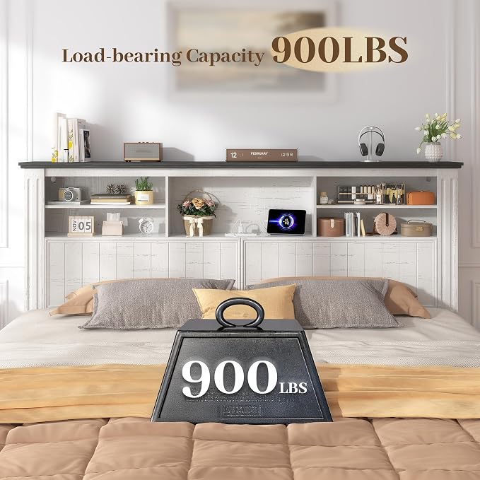 EnHomee King Bed Frame with Headboard and 4 Storage Drawers, LED Lights & Charging Ports,No Box Spring Needed for Big House,Noise-Free,Wooden, White
