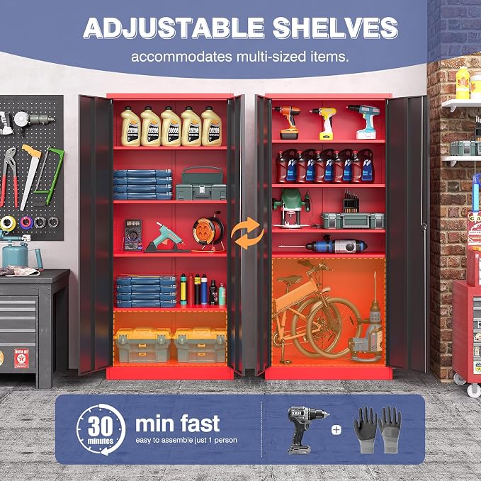 72 Inch Metal Cabinet,Lockable Storage Cabinet with 2 Doors and 4 Adjustbale Shelves,Tall Tool Cabinet Cabinet for Garage,Basement,Home Office,Gym(Red & Black)