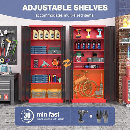 72 Inch Metal Cabinet,Lockable Storage Cabinet with 2 Doors and 4 Adjustbale Shelves,Tall Tool Cabinet Cabinet for Garage,Basement,Home Office,Gym(Red & Black)